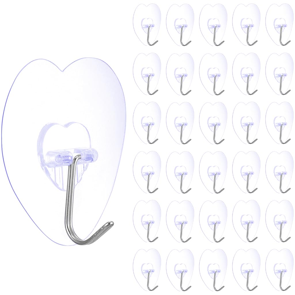 Zibuyu Acrylic Wall Hooks for Bathroom and Kitchen 30 Pcs with Strong Adhesive 66 lb | Clear Heart-Shaped Design