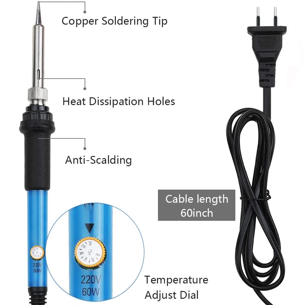 Serplex® Soldering Iron Kit, 110V 60W Adjustable Temperature Soldering Kit Electric Soldering Kit Set Welding Tools with 5pcs Different Tips, Stand, Tweezers, Sponge, Flux Pen, Soldering Wire (11Pcs)