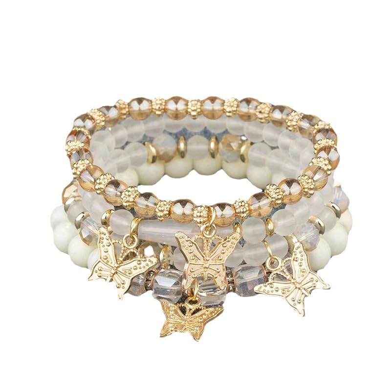 SANNIDHI 4Pcs Bohemian Butterfly Layered Bracelet Crystal Bracelet Stretchy Golden Beaded Bracelet Butterfly Bracelets for Women Girls Beaded Fashion Layered Beaded Bracelet Jewelry Gift for Girls