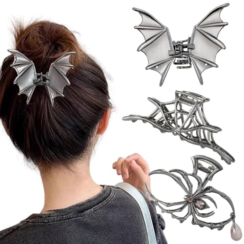 MAYCREATE® 3Pcs Gothic Hair Claw Clips for Women Girls, Cobweb Style Punk Metal Claw Clip, Bat Wing-shaped, Spider-shaped Metal Alloy Hair Clips Fashion Halloween Hair Accessories