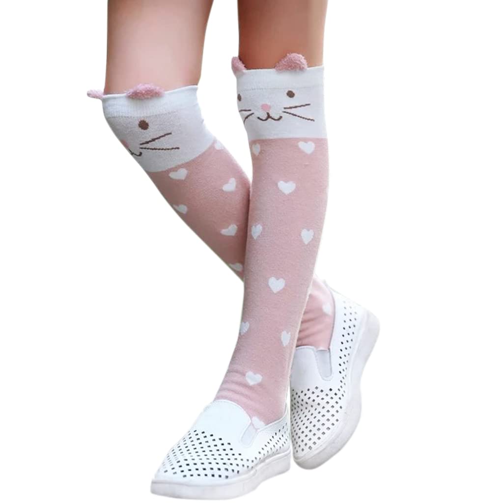 Zibuyu Girls Cotton Knee High Socks for Winter Warmth with Cute Kitty Design Pink 2PCS