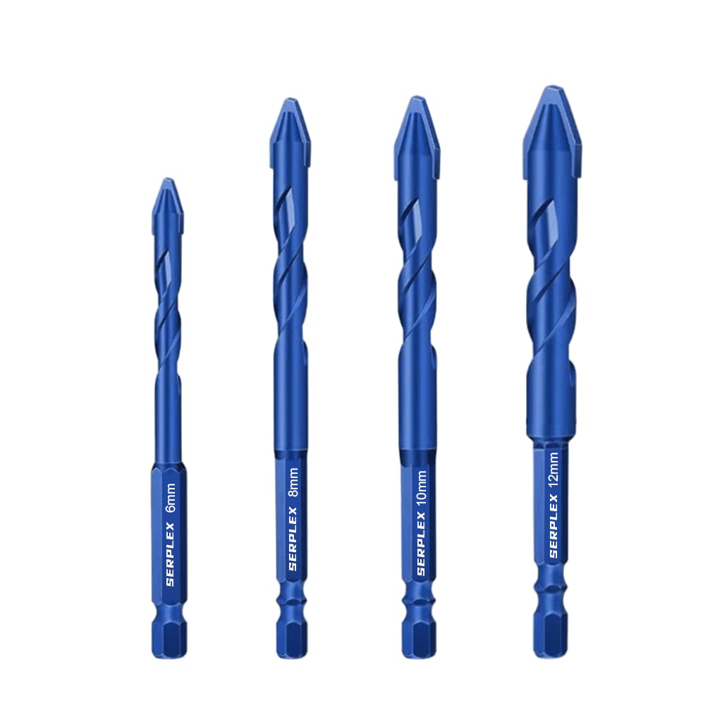 Serplex Drill Bits Set for Glass Marble Cement and Concrete 4Pcs 6mm–12mm with 1/4 inch Hex Shank