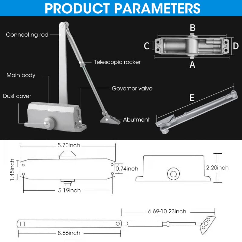 HASTHIP® Quiet Door Closer, 2-Level Adjustable Automatic Zinc Alloy Door Closer, Spring Hydraulic Auto Door-Closer for Kitchen Door, Toilet Door, Wooden Door, Hollow Door, Framed Glass Door, 25-45KG