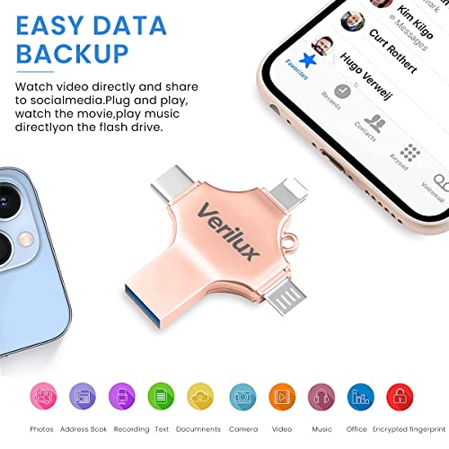 Verilux® 4 in 1 Flash Drive 64GB USB with Lightning Micro Type-C Interface Mini Hangable Compatible with Phone Pad Android PC and More Devices Rose Golden 2 PCS