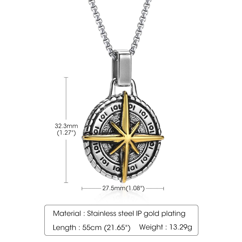 ZIBUYU Chain Pendant for Men Stylish Boys Necklaces Creative Alloy Polaris Compass Design Fancy Men Necklace Stainless Steel Chain Pendant Jewelry for Men Gift (24 inch Chain) - 1