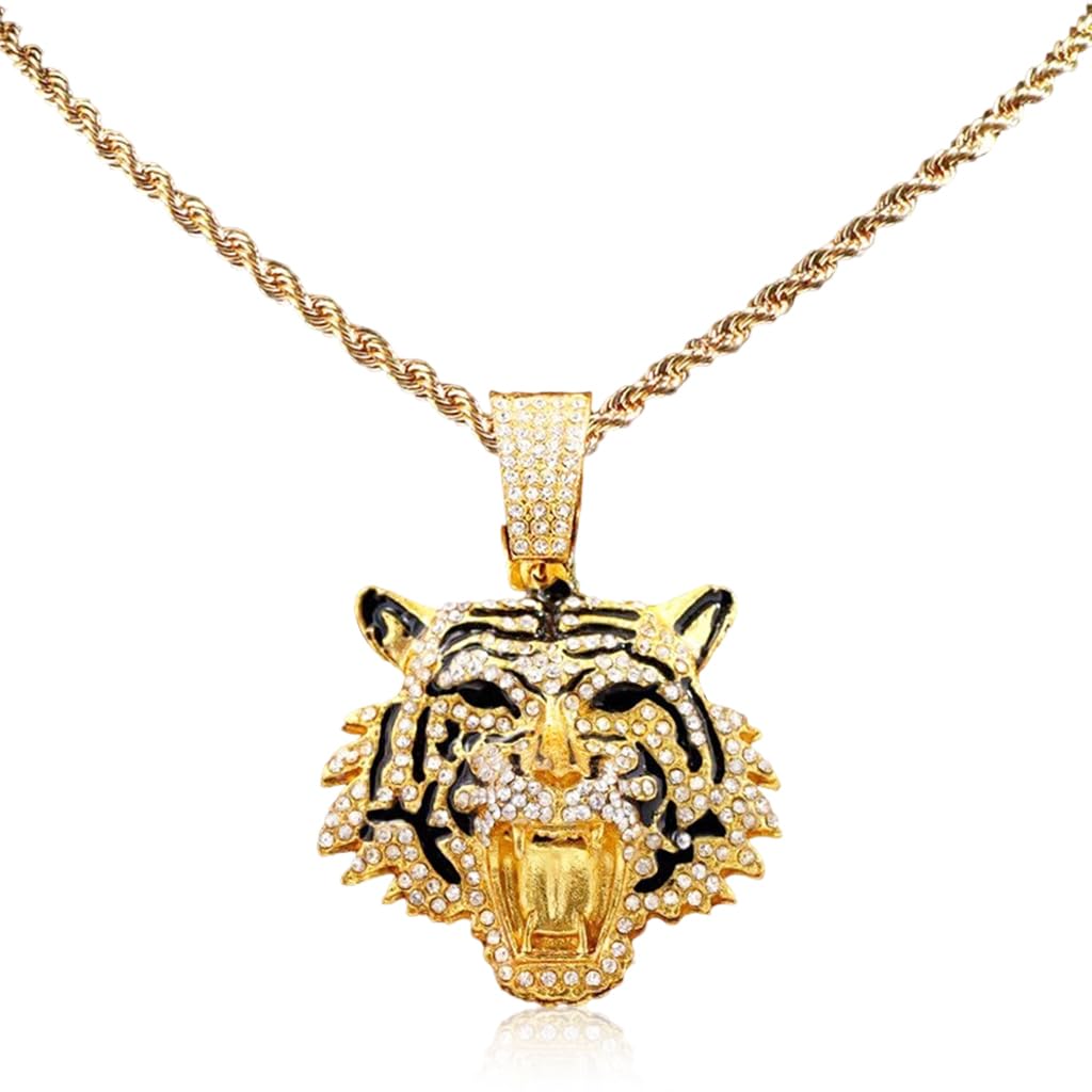 SANNIDHI Men's Tiger Head Necklace with Rhinestones for Bold Style | 24 in Gold Alloy Gift