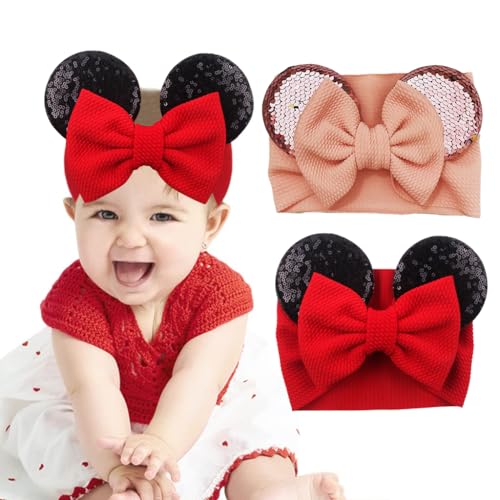 SNOWIE SOFT 2pcs Hair Bands For Baby Girls, Sequin Mic-Ky Mouse Bow Baby Hair Band Cute Elastic Headband For Baby Girl Super Soft Wide Hairband For Baby Girl, Handmade Baby Girl Hair Accessory