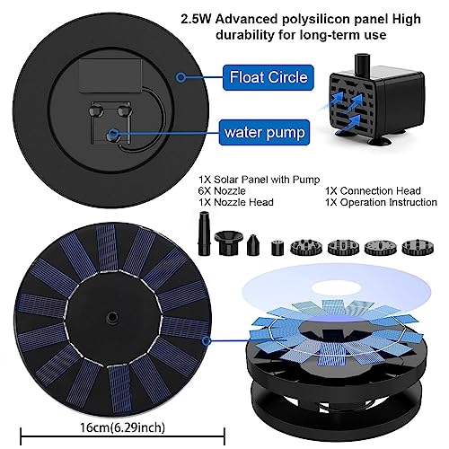 HASTHIP® Solar Water Fountain for Garden, 1.5W Solar Water Pump with 6 Nozzles, Max 1.1m Water Column Solar Fountain for Home Garden Pond Bird Bath Pool