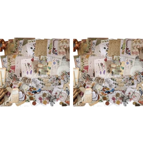 HASTHIP® 260PCS Sheets Vintage Journaling Supplies Scrapbook Paper Kit Aesthetic Floral Elements Washi Tape Stickers Material Papers PET for Junk Journals Planner Retro Craft