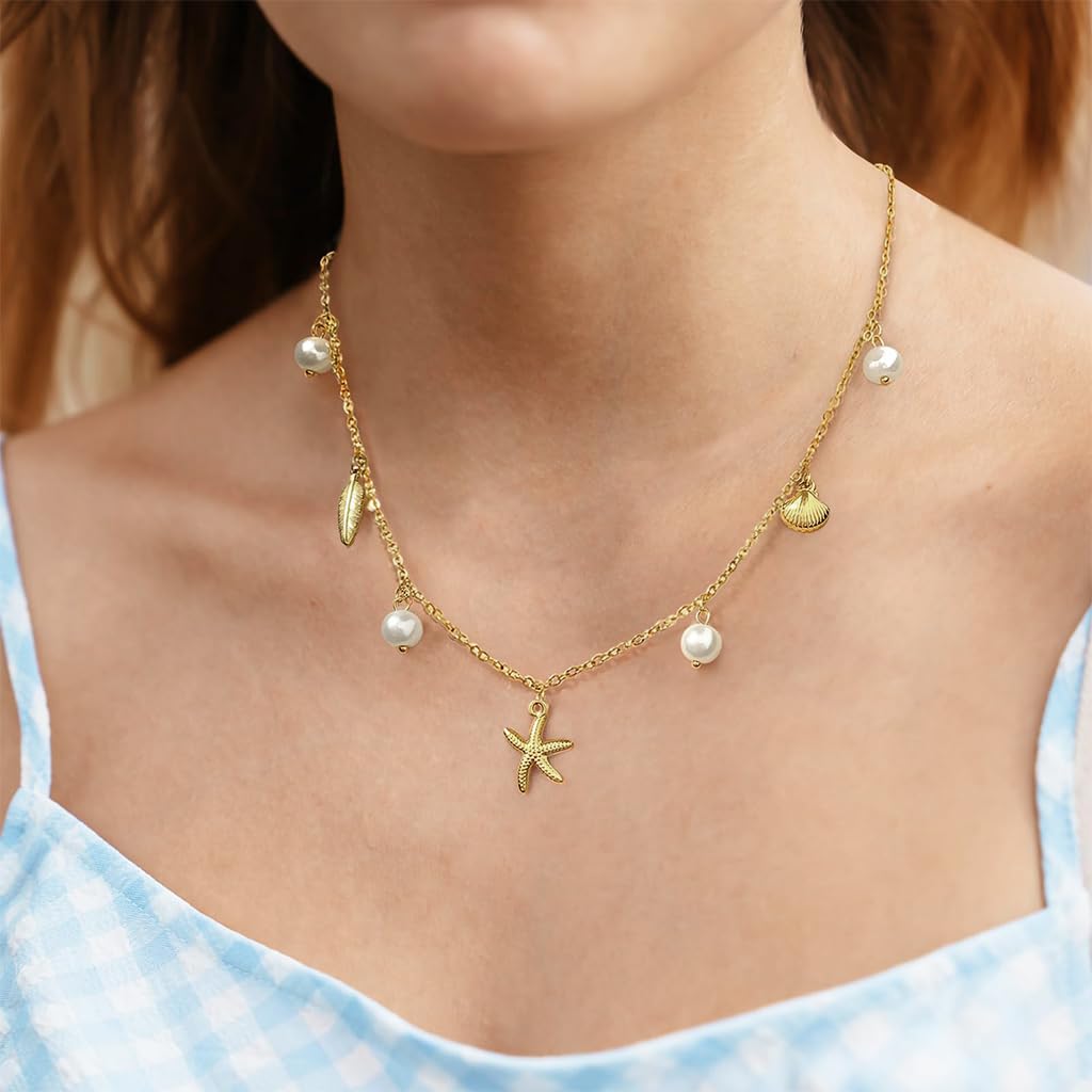 SANNIDHI Necklace for Women featuring Gold Seashell Starfish Pendant & Pearl Layers | Beach Jewelry 2PCS
