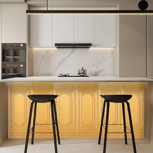 HASTHIP 5Pcs 3D Foam Wallpaper Wall Panels - Golden Vintage Embossing 3.5cm Thicken PE Foam Anti-Scratches Waterproof Self-Adhesive Wall Protector for Bedroom & Living Room, 27.56x35.43 Inches
