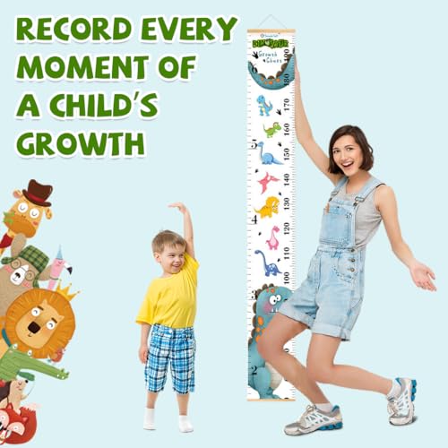 SNOWIE SOFT® Cartoon Growth Chart for Kids 60-180cm Wall Hanging Canvas Waterproof for Kid's Room Blue Dinosaur 3PCS