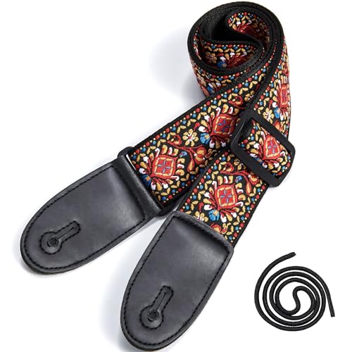 HASTHIP® 34-41 inches Adjustable Guitar Strap, Red Double-Sided Vintage Embroidered Cotton Guitar Belt Straps for Acoustic Guitar, Electric Guitar, Bass, Lengthening and Thickening Strap for Guitar