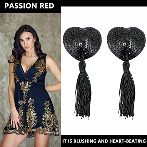 PALAY® Nipple Cover Pasties Silicone Sequin Tassel Bra Reusable Romantic Adhesive Heart Nipple Pasties with Tassel for Lady Women (Black, One Pair)