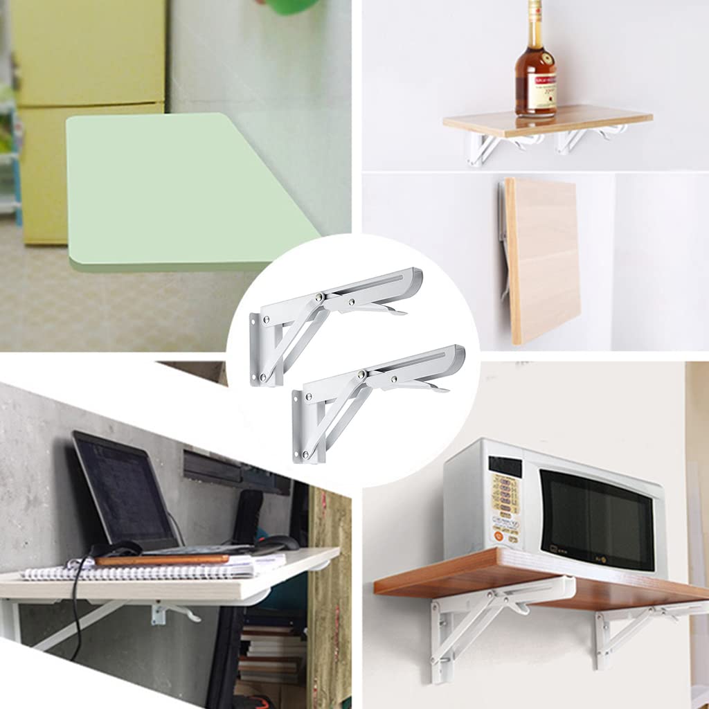 HASTHIP Foldable Shelf Bracket for Wall Shelves with 8 in Arms and Triangle Lock | White Steel 2 Pcs Set