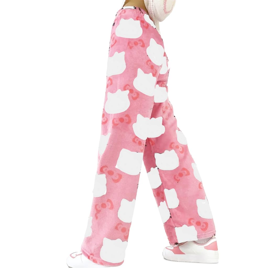 SANNIDHI Anime Pajama Pants for Women featuring Cartoon Cat Flannel in Pink | Cozy Lounge Wear
