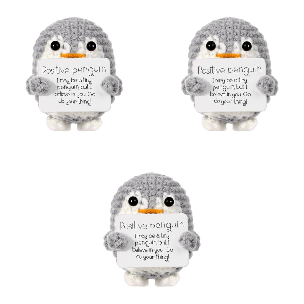 ZIBUYU Handmade Crochet Penguin Desk Decor with Positive Message Card 3PCS for Home | Cute Gift for Office or Baby Nursery