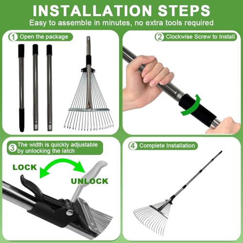 HASTHIP® Garden Rake, 5.6ft DIY Assembly Stainless Steel 15-Teeth Lawn & Yard Rake, Durable Long Handle Rake Garden Tool