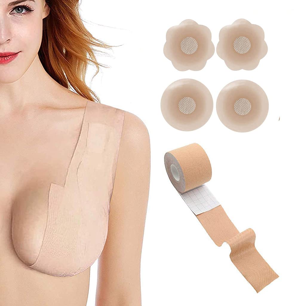 MAYCREATE Boob Tape with 4PCS Reusable Silicon Nipple Pasties Cover for Women Push Up & Lifting Body Tape with Free Cut Breast Lift Tape for Women Breast Tape