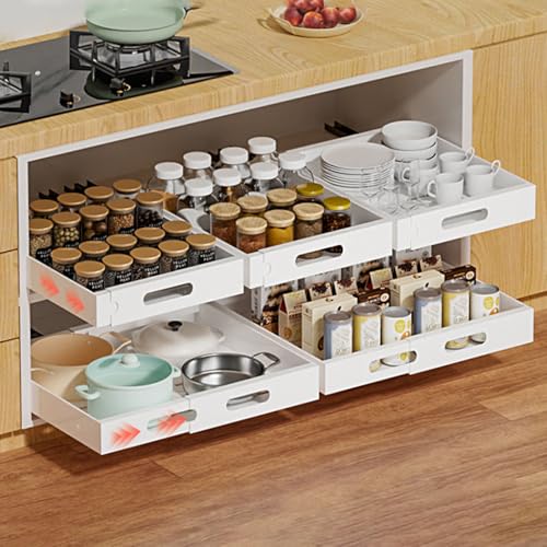 HASTHIP Pull Out Cabinet Organizer 34-50cm Adaptable Width Design Carbon Steel Kitchen Closet Sliding Drawer Organizer No Drill Adhesive Intergrated Sliding Rail Design, 12.5 cm x 34-50cm