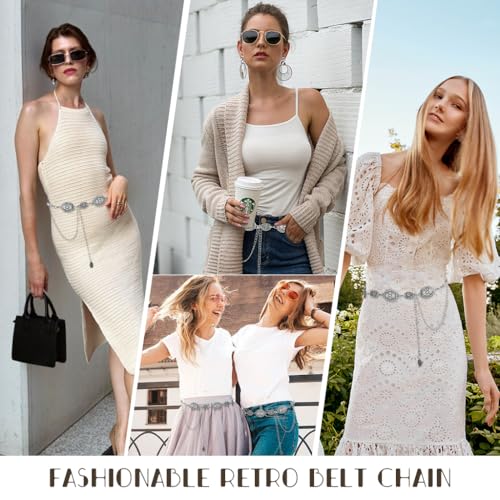 PALAY® Waist Chain for Women for Saree Gold Metal Concho Belt Stylish Boho Western Hip Belt Fashion Adjustable Y2K Jewellery Chain Belts for Dresses, Jeans, Skirts, Beach Outfits - Silvercolor 3 PCS