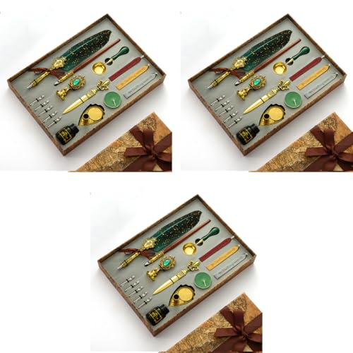 HASTHIP® Quill Pen and Ink Set Calligraphy Feather Pen with Wax Seal Stamp Includes Dip Ink 5 Replacement Nibs 3 Wax Sticks Nib Base White Spoon Green 3 PCS