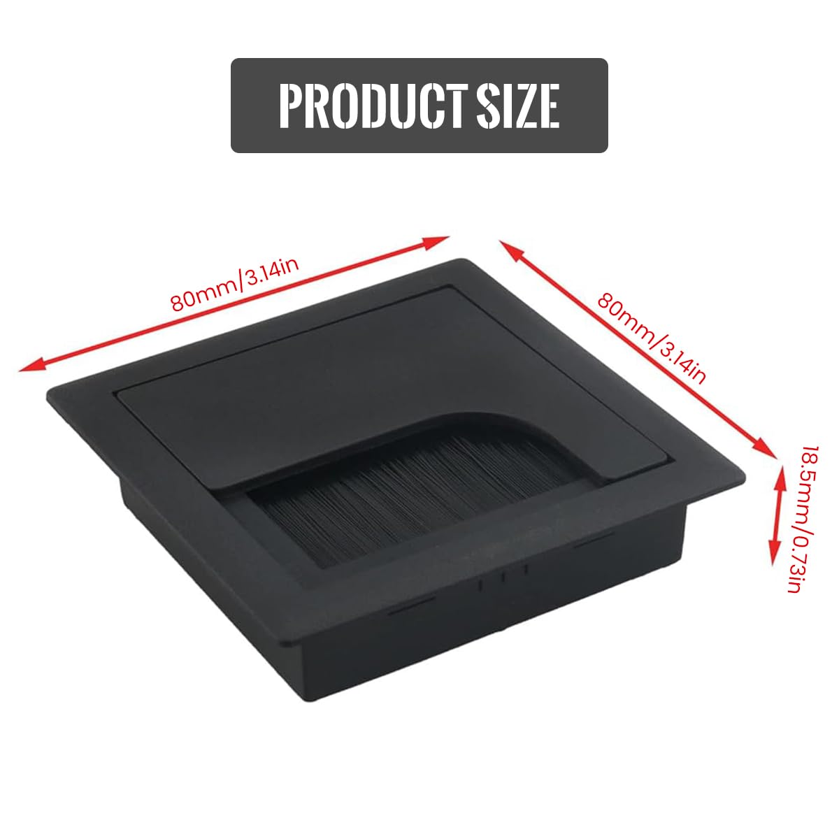HASTHIP Desk Hole Cap 80x80mm for Office Cable Management with Flip Lid and Brush | Black Aluminium 3PCS