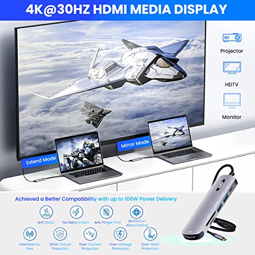 Verilux® USB C HUB 6 in 1 to HDMI Adapter 4K 30Hz 3.0 2.0 Multiple Port SD TF Card Reader PD 100W Charging Type for Laptop MacBook Pro Air Long Cable 20CM 2PCS