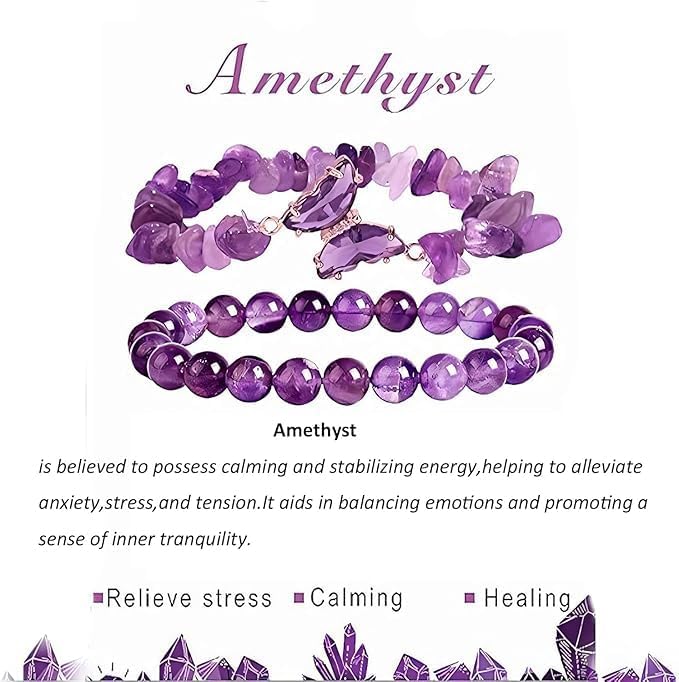 SANNIDHI Crystal Beaded Bracelets Set of 2 with Purple Stones and Butterfly Charm for Women Girls