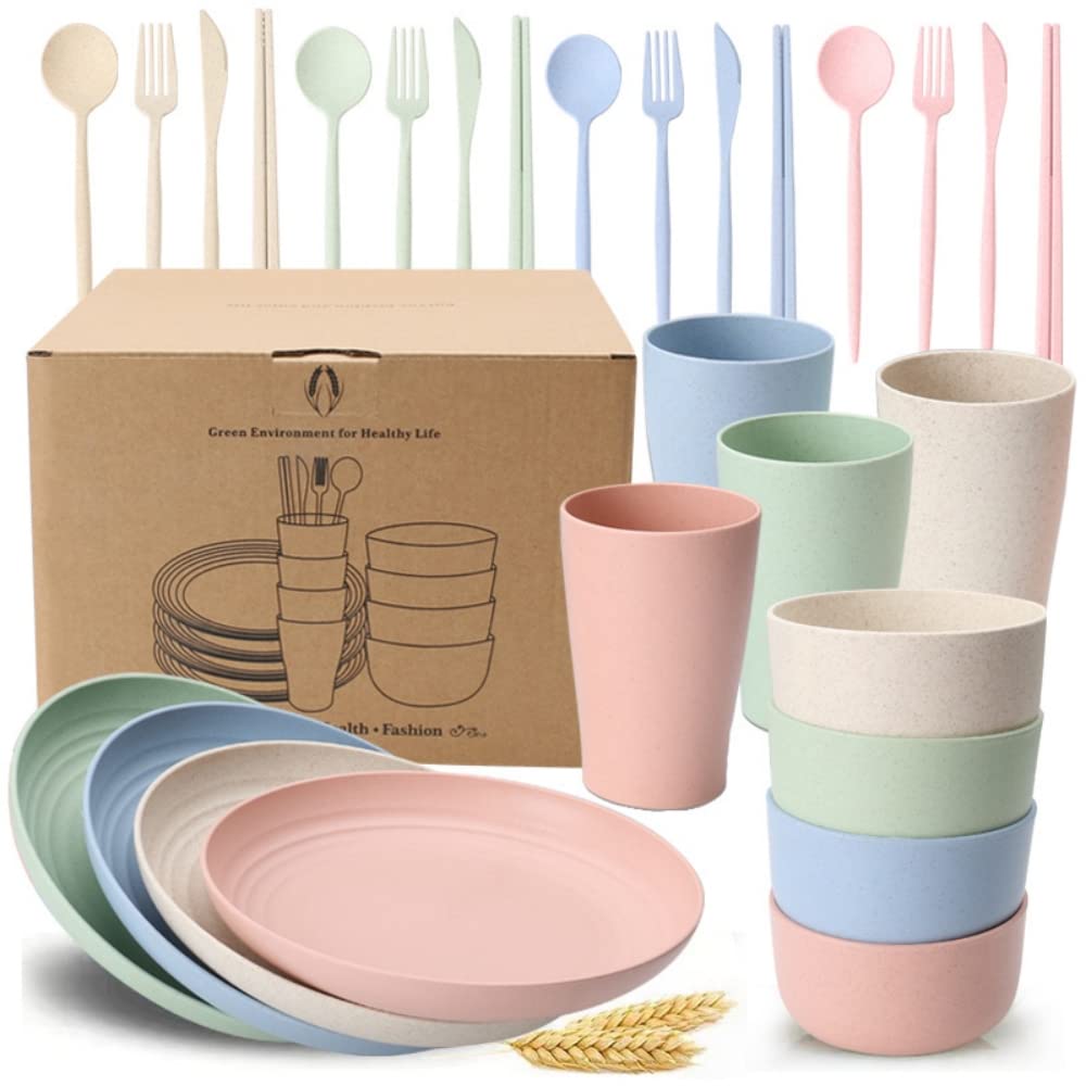 HASTHIP 28Pcs Lightweight Wheat Straw Dinnerware Sets, Unbreakable Microwave Dishwasher Safe Tableware, Lightweight Bowls, Cups, Half Plates, Knife, Fork, Spoon, Chopsticks Set