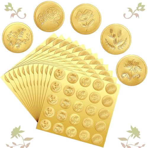 ZIBUYU® BrandName 250 Gold Embossed Envelope Seal Stickers, 5 Flower Patterns, 1.5 Inch Self-Adhesive Foil Seals for Wedding Invitations, DIY Crafts, Certificate Decoration, Parties & Gift Packaging