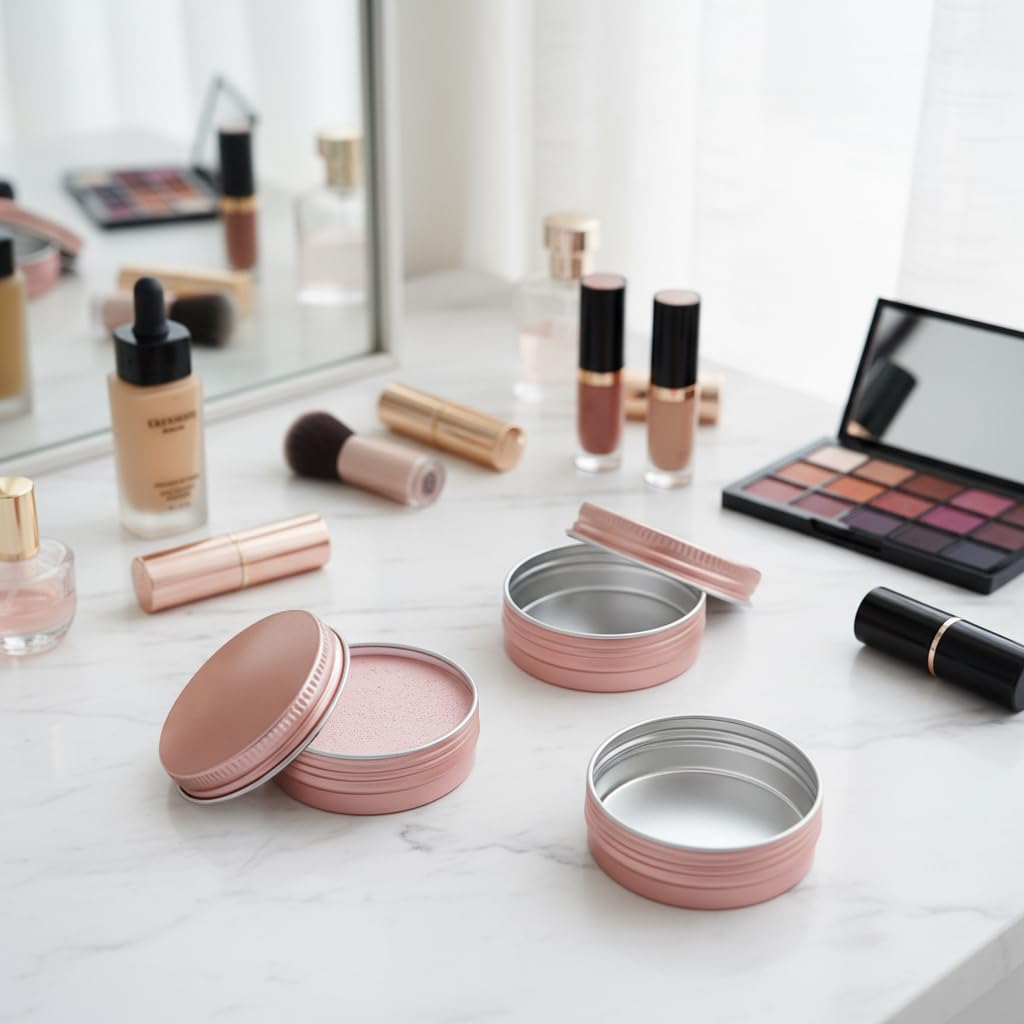 HASTHIP Small Metal Tin Boxes for Storage with Leak Proof Threaded Lids 10pcs 60ml Rose Gold