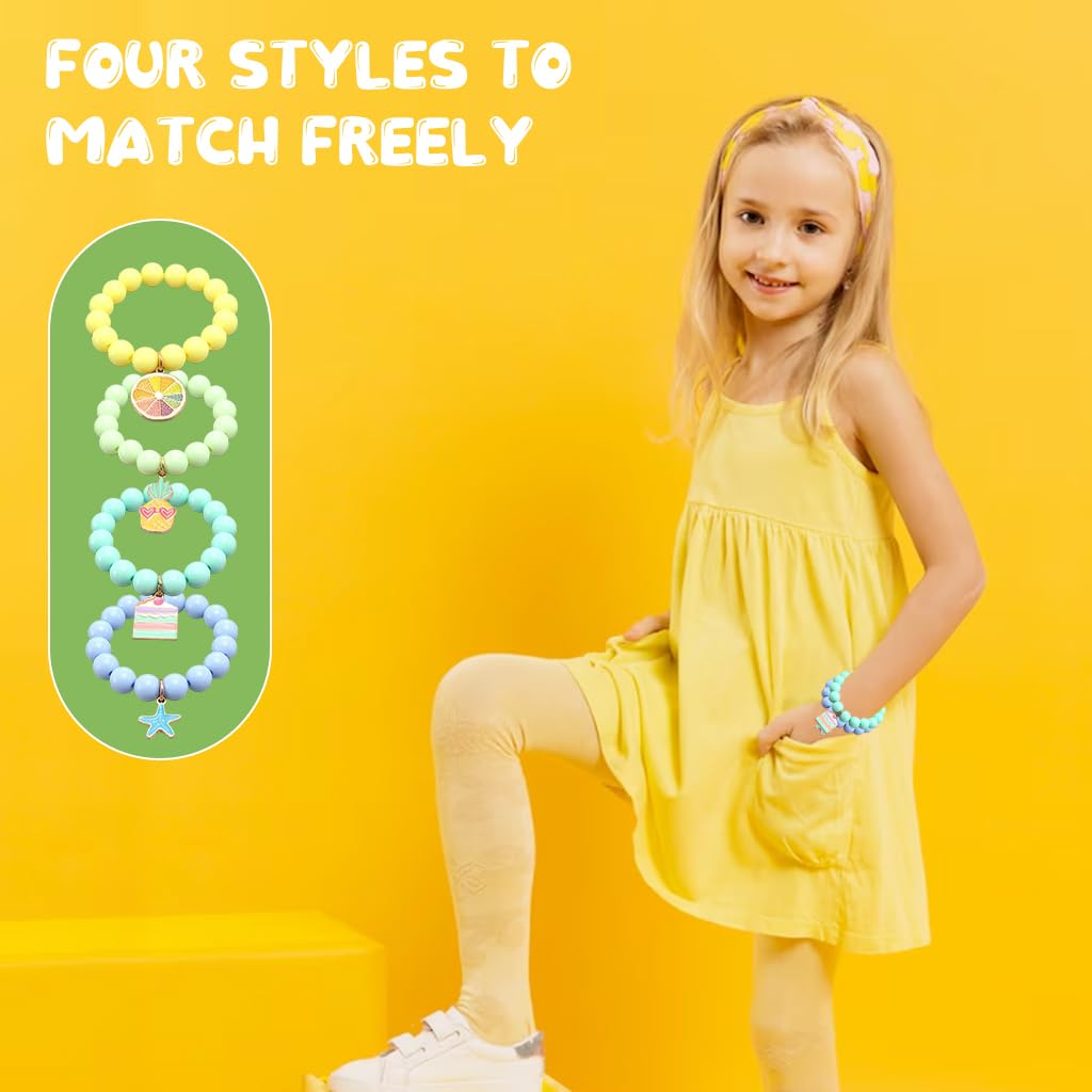 SANNIDHI 4Pcs Beads Bracelet for Girls Kids Cartoon Friendship Bracelet Fashion Acrylic Candy Color Beaded Hand Bracelets with Enamel Charms, Children's Day Gift for Girls