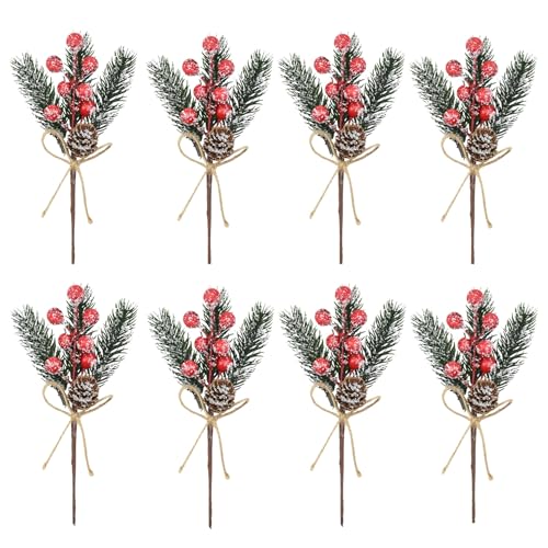 HASTHIP® 8Pcs Christmas Garland Ornaments, 7.87'' Realistic Red Berry & Pine Cone Snow-Frosted Branches with Hemp Rope Holiday Decor for Christmas Tree, Gift Packing Decor