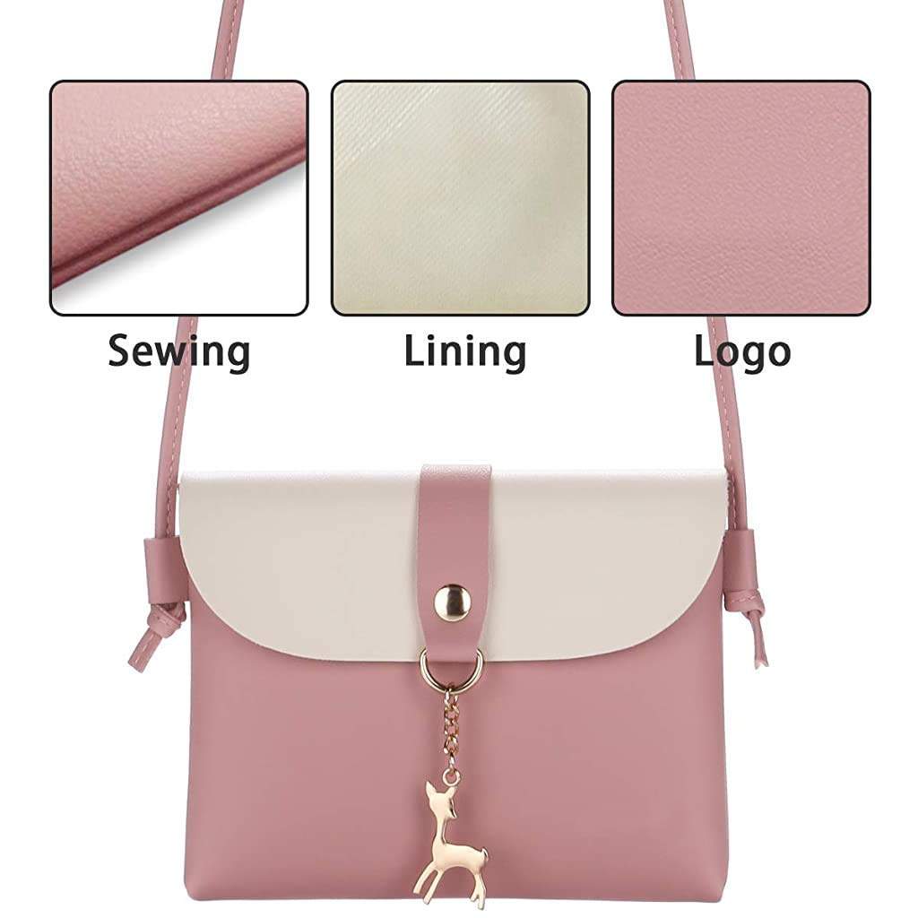 PALAY Small Cross Body Bag for Girls with Metal Deer Pendant 17×15.5×1.2cm PU Leather Pink