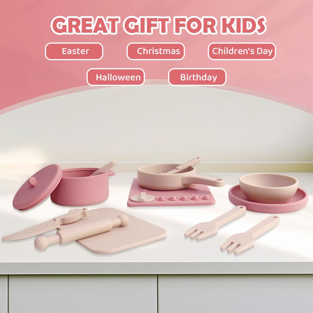 PATPAT Silicone Pretend Play Toy Set for Kids with 16Pcs Real Use Tableware | Pink Kitchen Set for Girls