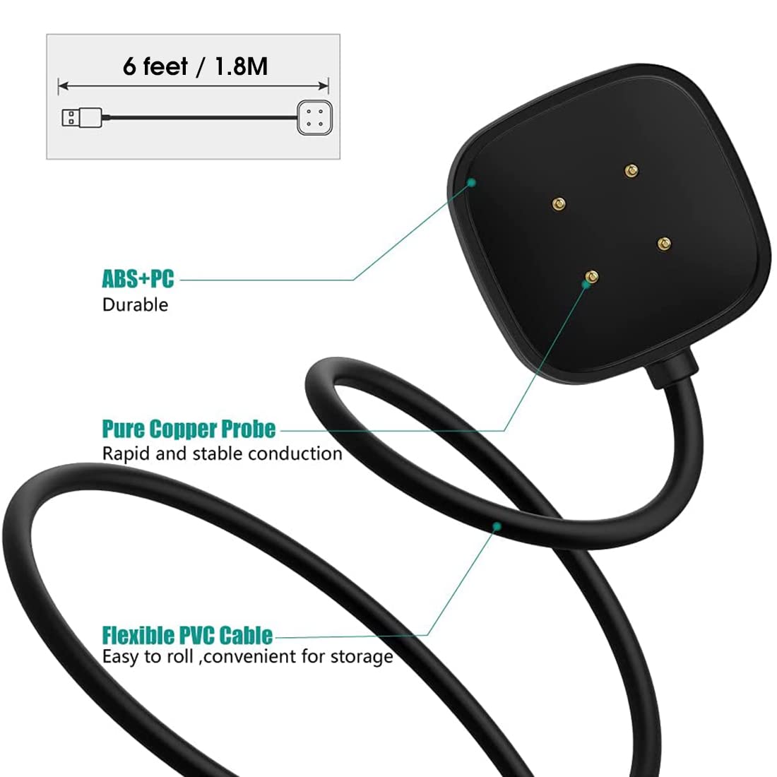 ZORBES Wireless Charger for Fitbit Sense and Versa 3 featuring Multi Protection 1m Cable | Black Dock