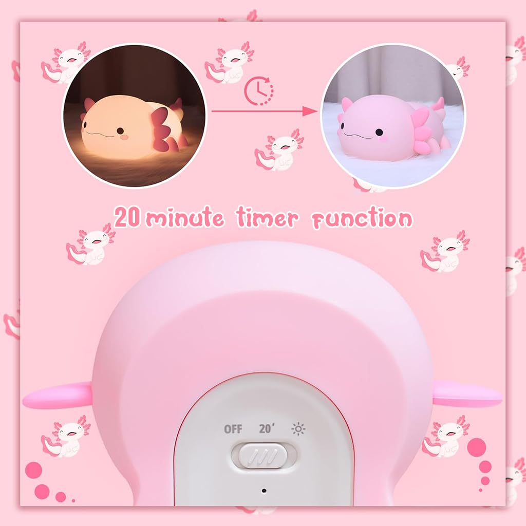 ELEPHANTBOAT Axolotl Night Lamp for Kids with 15min Auto Off Timer and Soft Silicone Light | USB Rechargeable LED Bedside Lamp