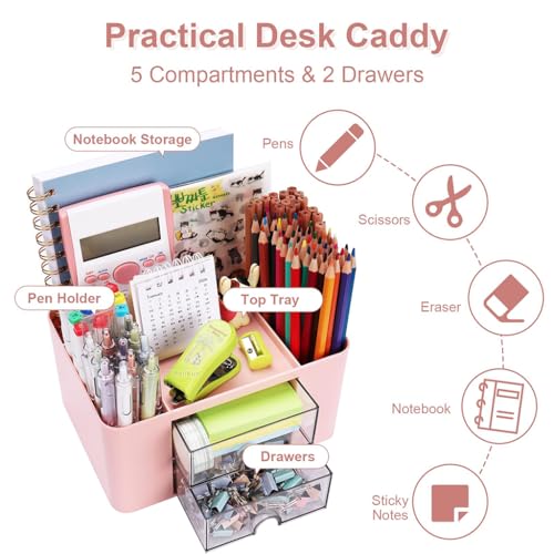ZIBUYU® Pencil Pen Holder Desk Organizer 2 Drawer 5 Compartment ABS Storage Box, Cute Pink Stationery Supplies Organizer for Office, Home, School, College, Study Table, Makeup & Craft Use (Pink)