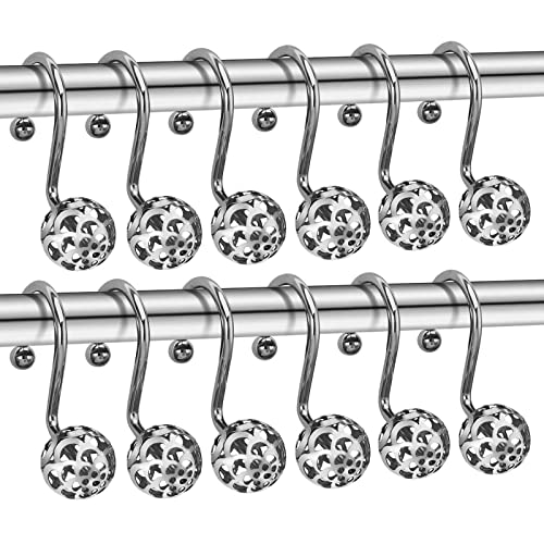 HASTHIP® 12 Pack Silver Shower Curtain Hooks Rings, Metal Rustproof Shower Hangers Rings, Household Shower Curtain Hooks for Bathroom Curtains Rods Hollow Ball Design