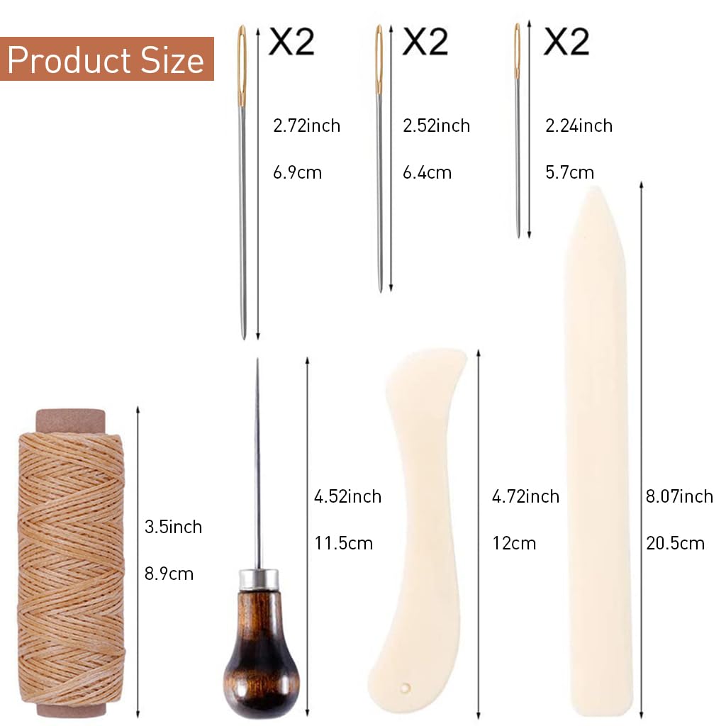 HASTHIP® 12 PCS Leather Sewing Repair Kit Leather Sewing Waxed Thread with Leather 7 Pcs Stitching Needle Tape Measure Sewing Awl for Leather DIY Stitching Repair Sewing Sofas Carpet Furs Sewing
