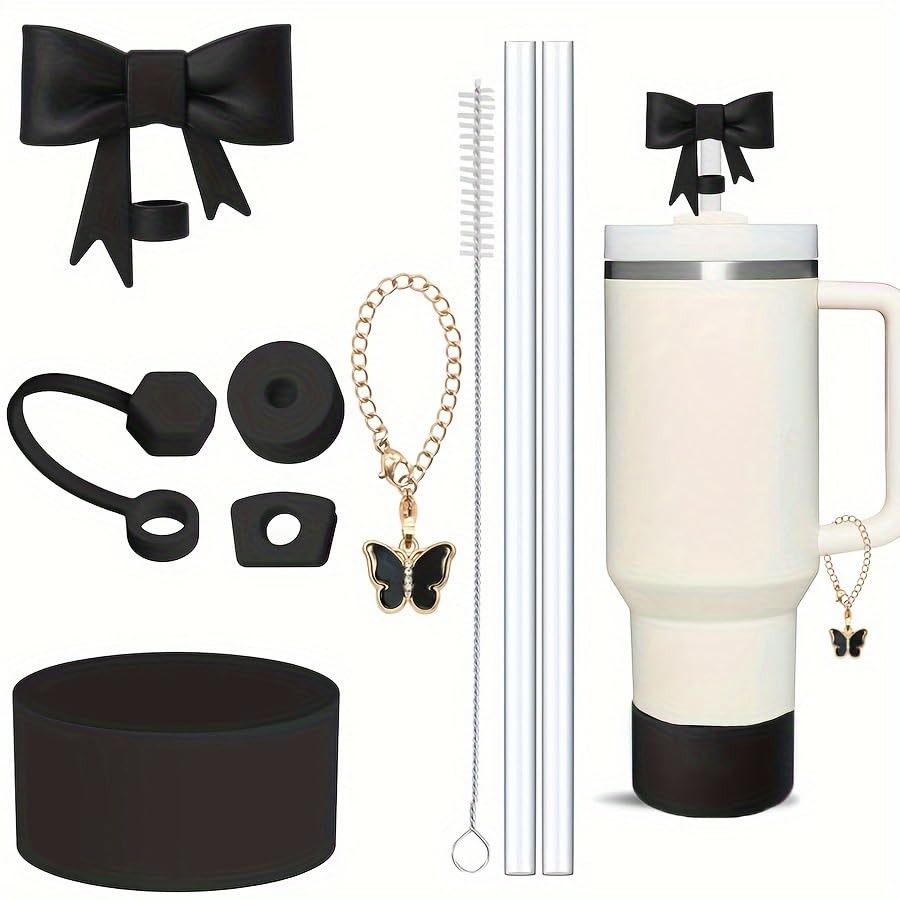 HASTHIP® for Stanley Cup Accessories & Charm Kit Set of 9Pcs Fashion Straw Accessories Kit Cute Bow Straw Cap, 2 Straight Straws, Cleaning Brush, Butterfly Handle Charm