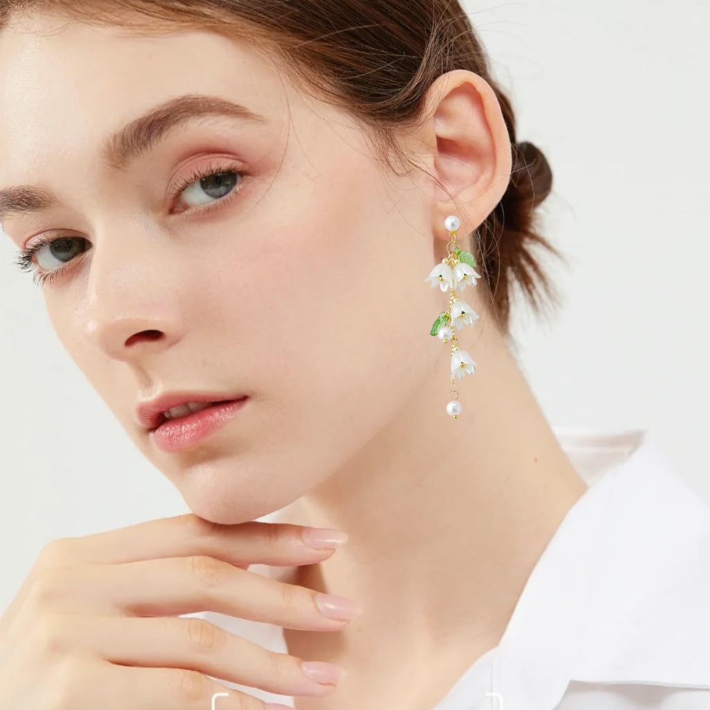 SANNIDHI Earrings for Women with White Lily of the Valley Pendant | Hypoallergenic 2PCS Set