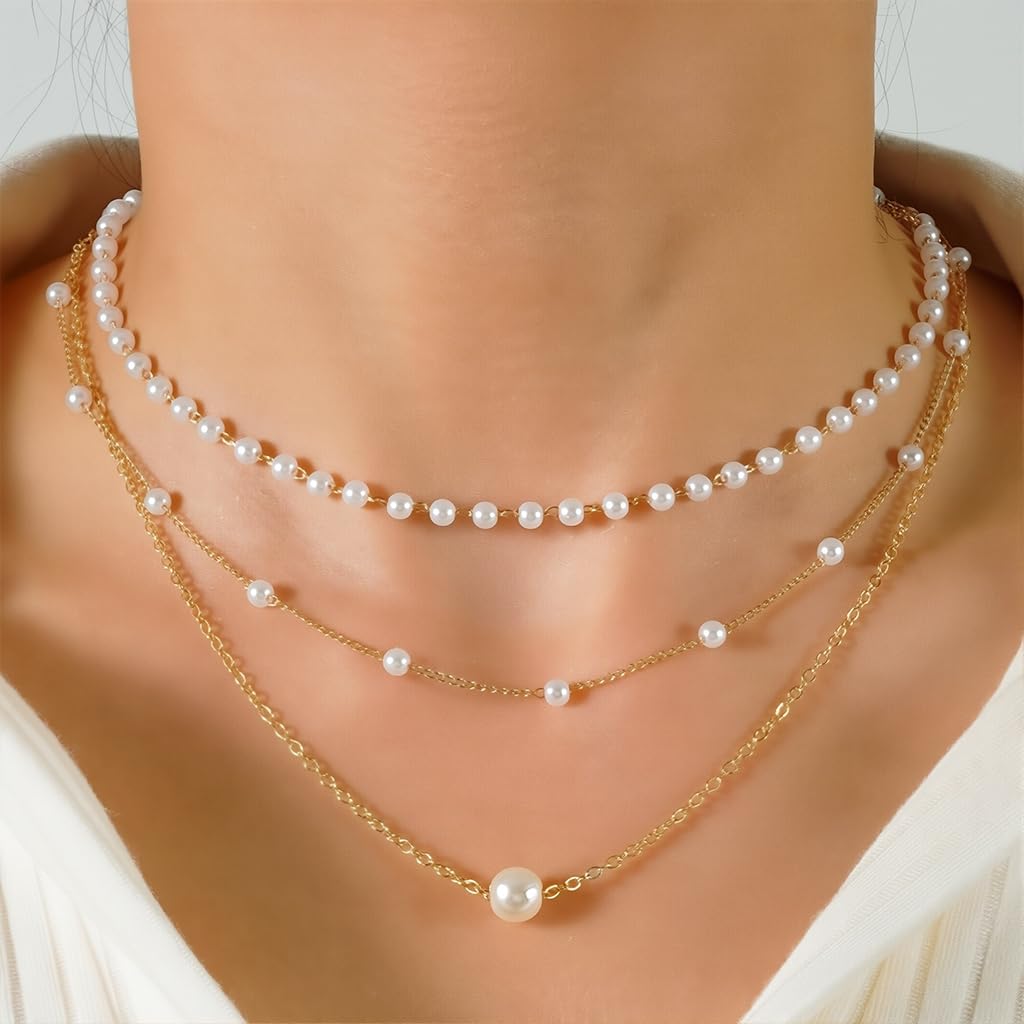SANNIDHI Pearl Necklace Set for Women featuring Triple Layer Gold Chains and Acrylic Pearls