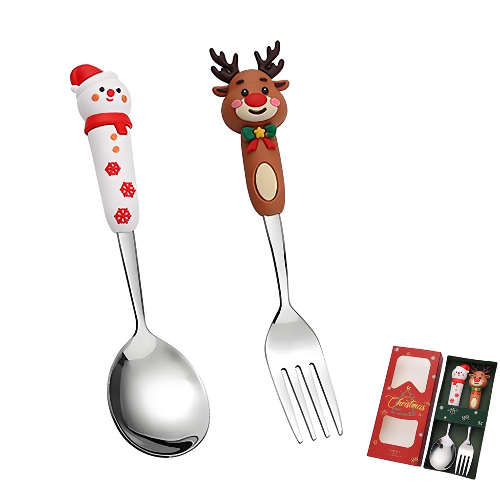 HASTHIP® Christmas Spoon and Fork Gift Box Set, 2Pcs Silver Stainless Steel Food Grade Festive Tableware, Elk & Snowman Topper Design, Christmas Gift House Gift