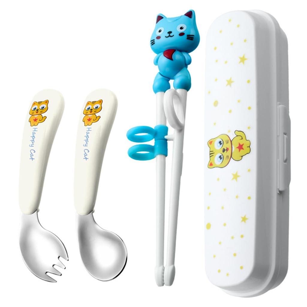 SNOWIE SOFT® Training Chopsticks for Kids, Stainless Steel Fork and Baby Feeding Spoons for 6 to 12 Months, Chopsticks for Beginners Weaning Spoons Toddler Flatware Sets Tableware Christmas Gifts Blue