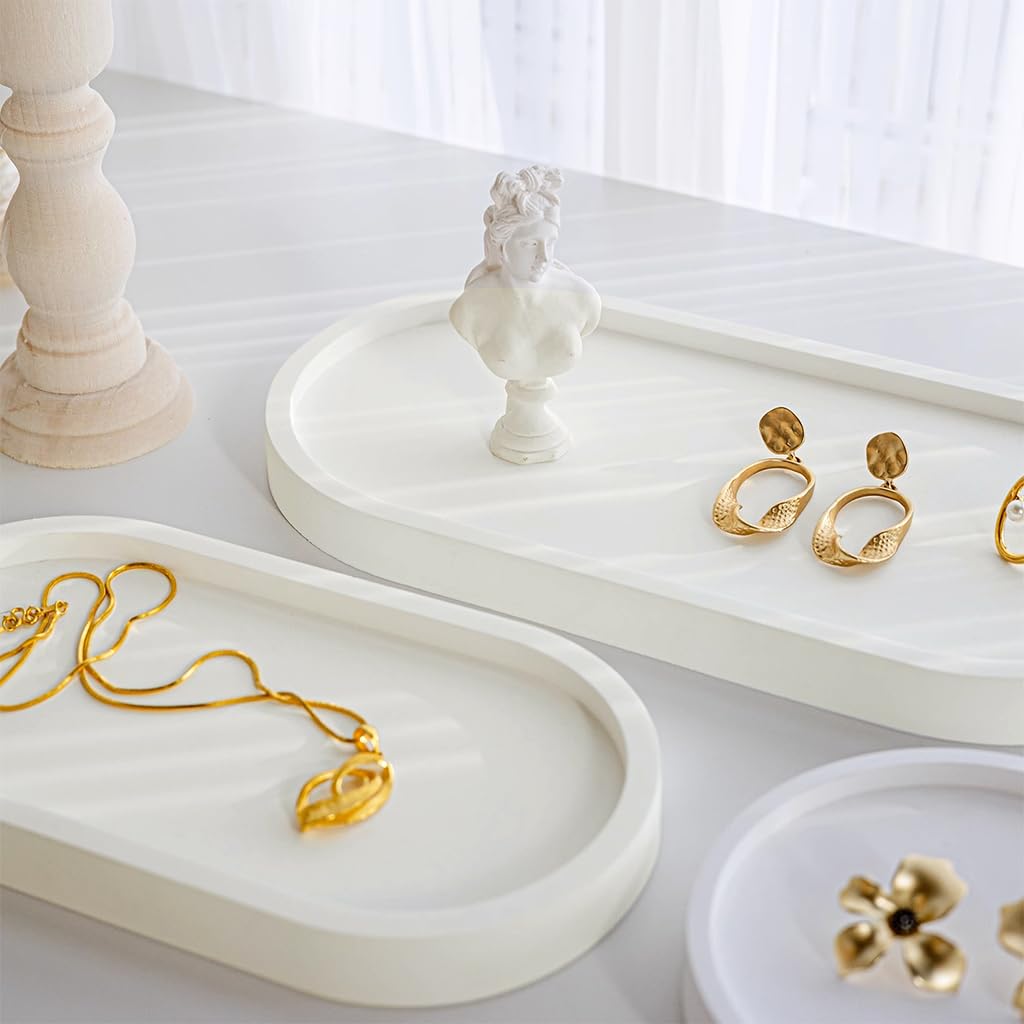 Supvox Ceramic Vanity Trays for Bathroom and Dresser with Oval Minimalist Design 17.6x9cm | White Organizer Set