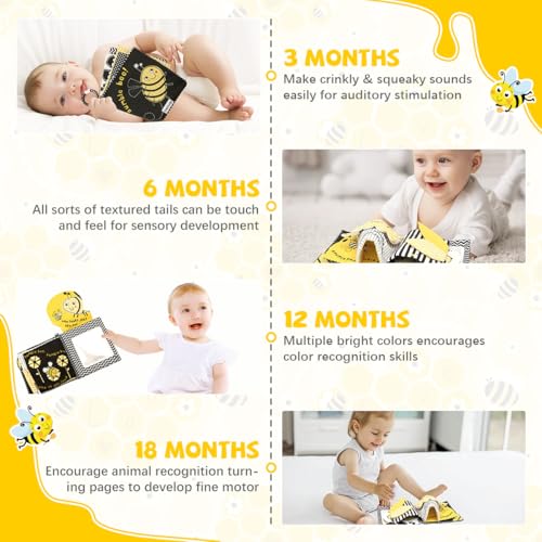 SNOWIE SOFT® Cartoon Bee Cloth Books Baby Toys for 6 to 12 Months Sensory Books for Babies Touch and Feel Crinkle Non-Toxic Washable Early Educational Toy 2 PCS