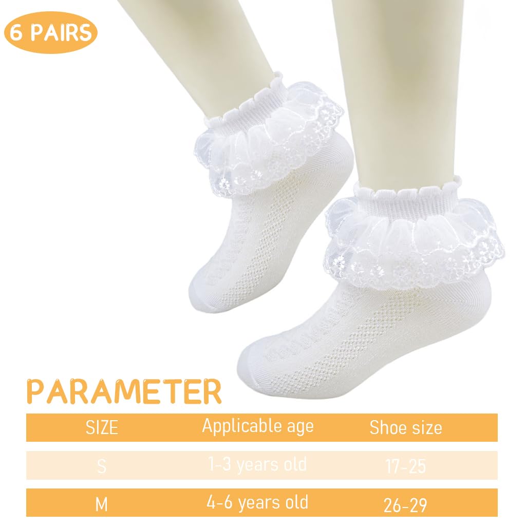 SNOWIE SOFT girls socks set of 6 pairs for school and parties featuring lace trim white cotton for ages 1–3 years