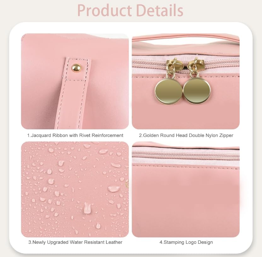 ZIBUYU Large Capacity Cosmetic Bag for Travel with 6 Compartments and Flat Open Design | Pink
